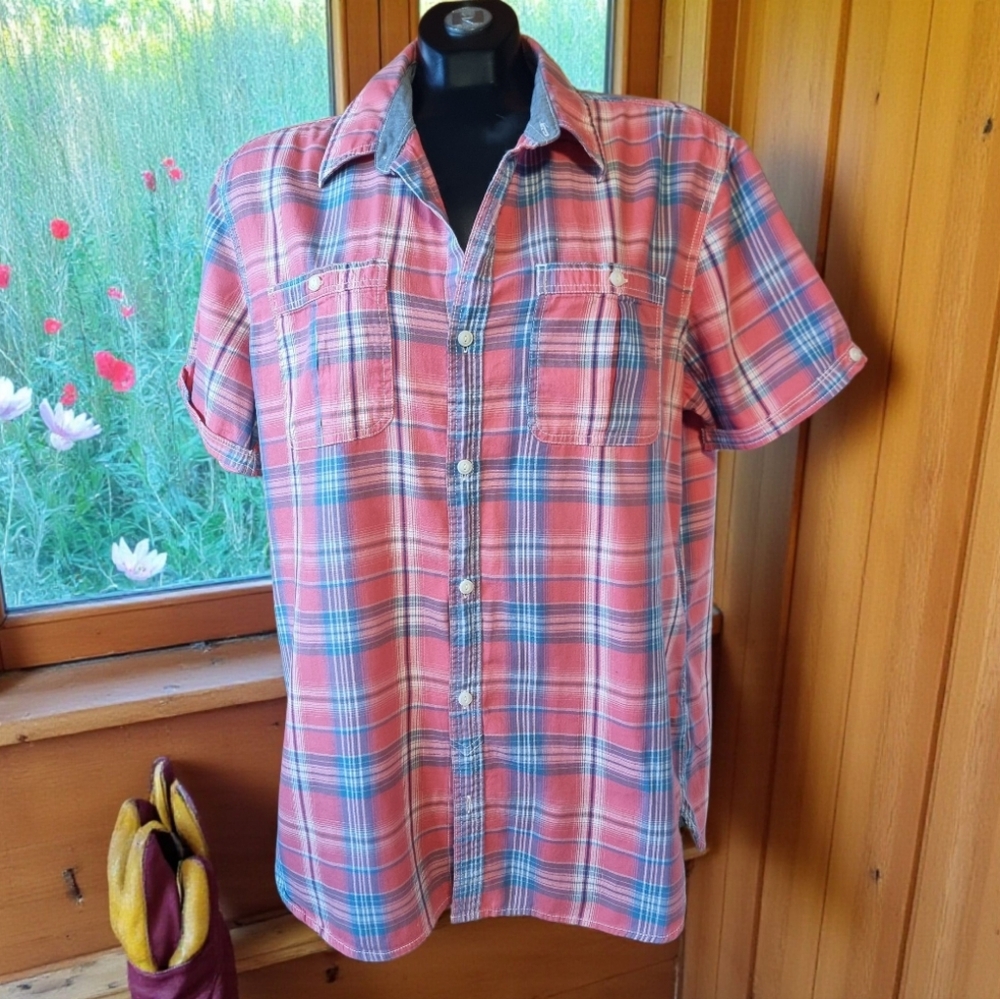 NEXT Men's Plaid Short Sleeve Shirt - Coral and Blue Denim 100% Cotton
